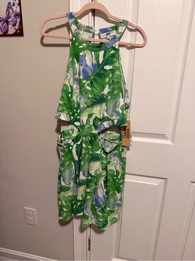 Madden Girl Green, White & Blue Tropical Cutout Jumpsuit